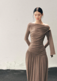 AOMALM long dress, French cool style dress, draped winter dress women, slimming long skirt dress, hip hugging maxi dress, ruched long dress women, elegant winter dress, Korean aesthetic dress, feminine draped dress, modern French style dress, body contour dress women, winter long sleeve dress, minimalist elegant dress