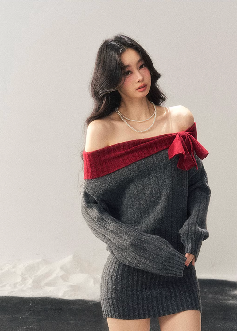 AOMALM sweater dress, off shoulder knit dress, one shoulder winter dress women, hip hugging knit dress, Korean aesthetic dress, feminine mini sweater dress, American style knit dress, winter slim dress women, cozy knit mini dress, contrast neckline dress, soft feminine winter outfit