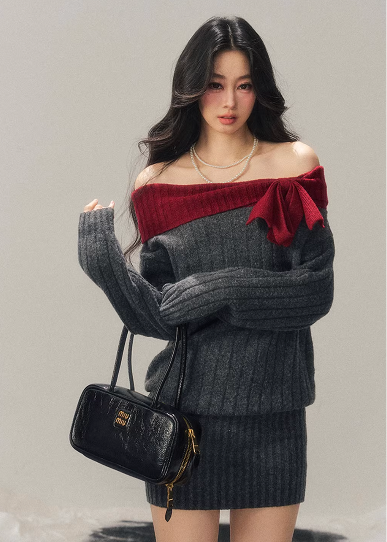 AOMALM sweater dress, off shoulder knit dress, one shoulder winter dress women, hip hugging knit dress, Korean aesthetic dress, feminine mini sweater dress, American style knit dress, winter slim dress women, cozy knit mini dress, contrast neckline dress, soft feminine winter outfit