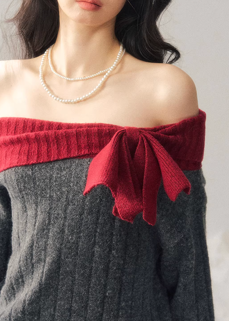 AOMALM sweater dress, off shoulder knit dress, one shoulder winter dress women, hip hugging knit dress, Korean aesthetic dress, feminine mini sweater dress, American style knit dress, winter slim dress women, cozy knit mini dress, contrast neckline dress, soft feminine winter outfit