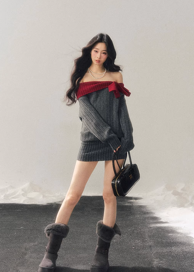 AOMALM sweater dress, off shoulder knit dress, one shoulder winter dress women, hip hugging knit dress, Korean aesthetic dress, feminine mini sweater dress, American style knit dress, winter slim dress women, cozy knit mini dress, contrast neckline dress, soft feminine winter outfit