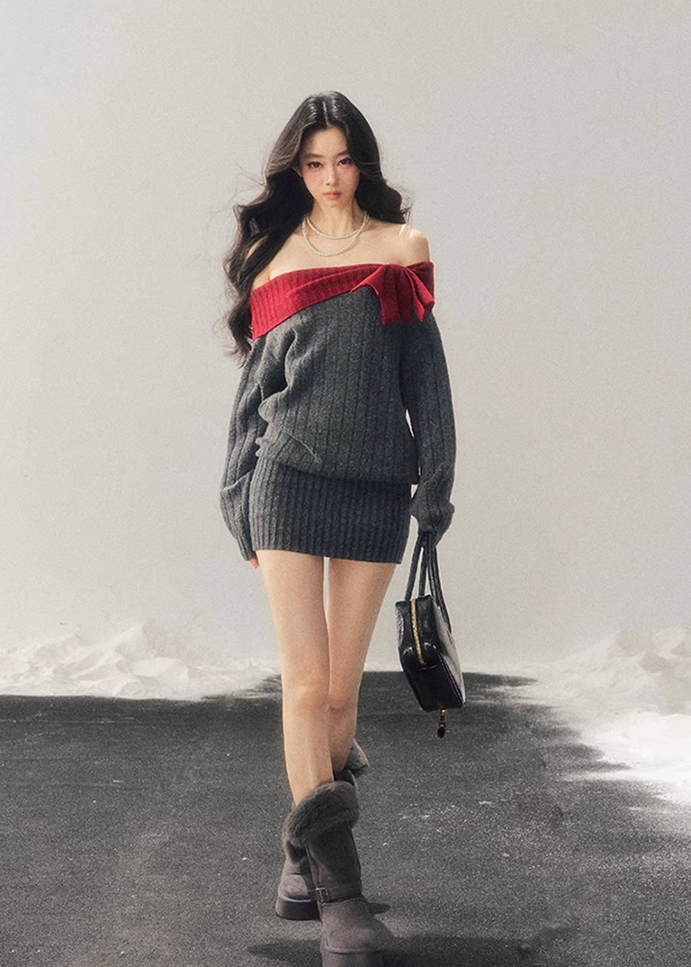 AOMALM sweater dress, off shoulder knit dress, one shoulder winter dress women, hip hugging knit dress, Korean aesthetic dress, feminine mini sweater dress, American style knit dress, winter slim dress women, cozy knit mini dress, contrast neckline dress, soft feminine winter outfit