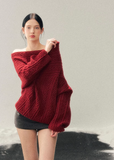 AOMALM knit sweater, off shoulder sweater women, red winter knit top, cable knit sweater women, Korean aesthetic sweater, American campus style knit, cozy winter sweater women, feminine off shoulder top, twist knit sweater, warm winter knit top