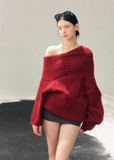 AOMALM knit sweater, off shoulder sweater women, red winter knit top, cable knit sweater women, Korean aesthetic sweater, American campus style knit, cozy winter sweater women, feminine off shoulder top, twist knit sweater, warm winter knit top