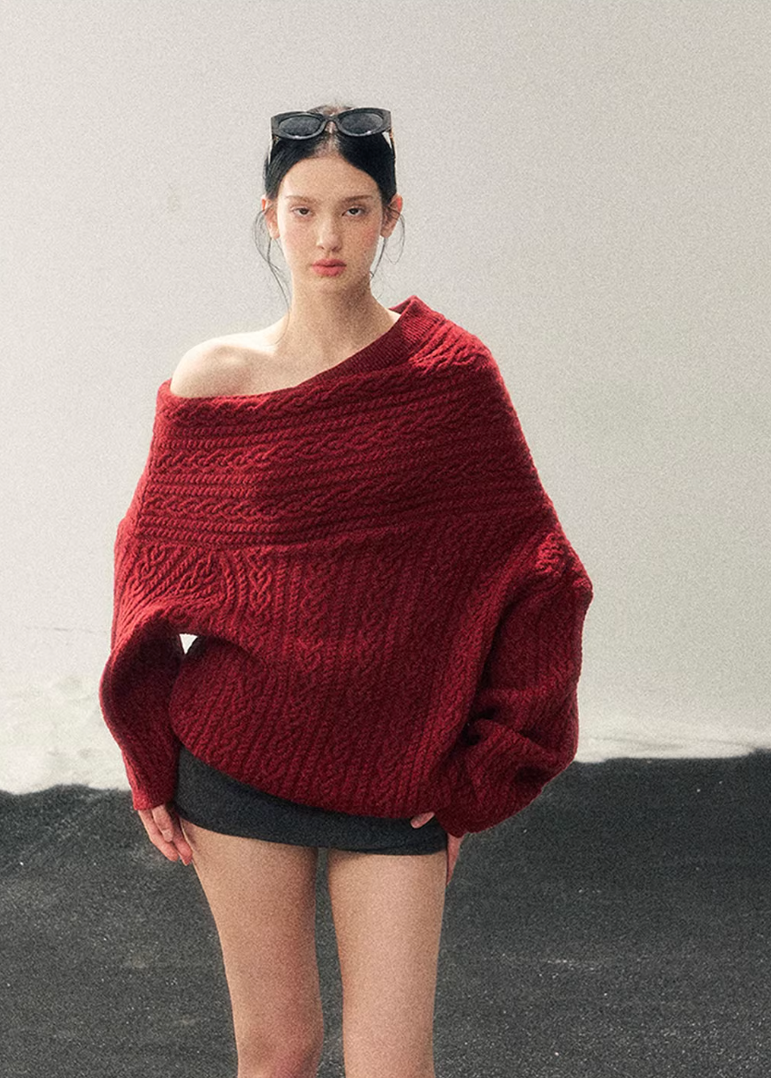 AOMALM knit sweater, off shoulder sweater women, red winter knit top, cable knit sweater women, Korean aesthetic sweater, American campus style knit, cozy winter sweater women, feminine off shoulder top, twist knit sweater, warm winter knit top