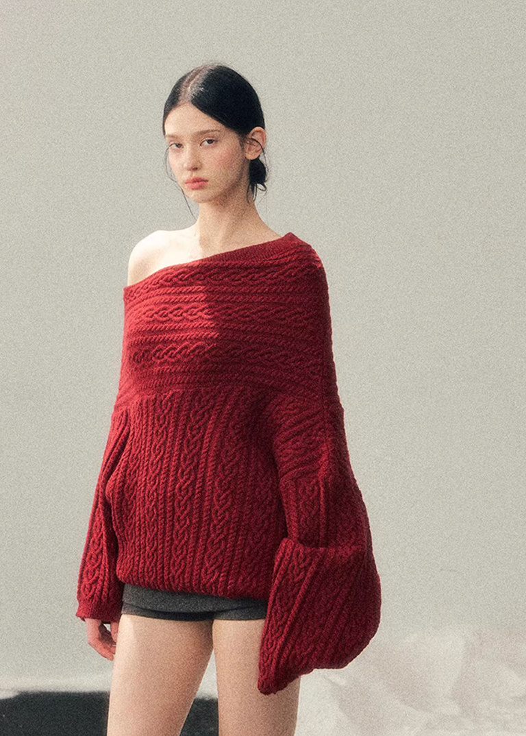 AOMALM knit sweater, off shoulder sweater women, red winter knit top, cable knit sweater women, Korean aesthetic sweater, American campus style knit, cozy winter sweater women, feminine off shoulder top, twist knit sweater, warm winter knit top