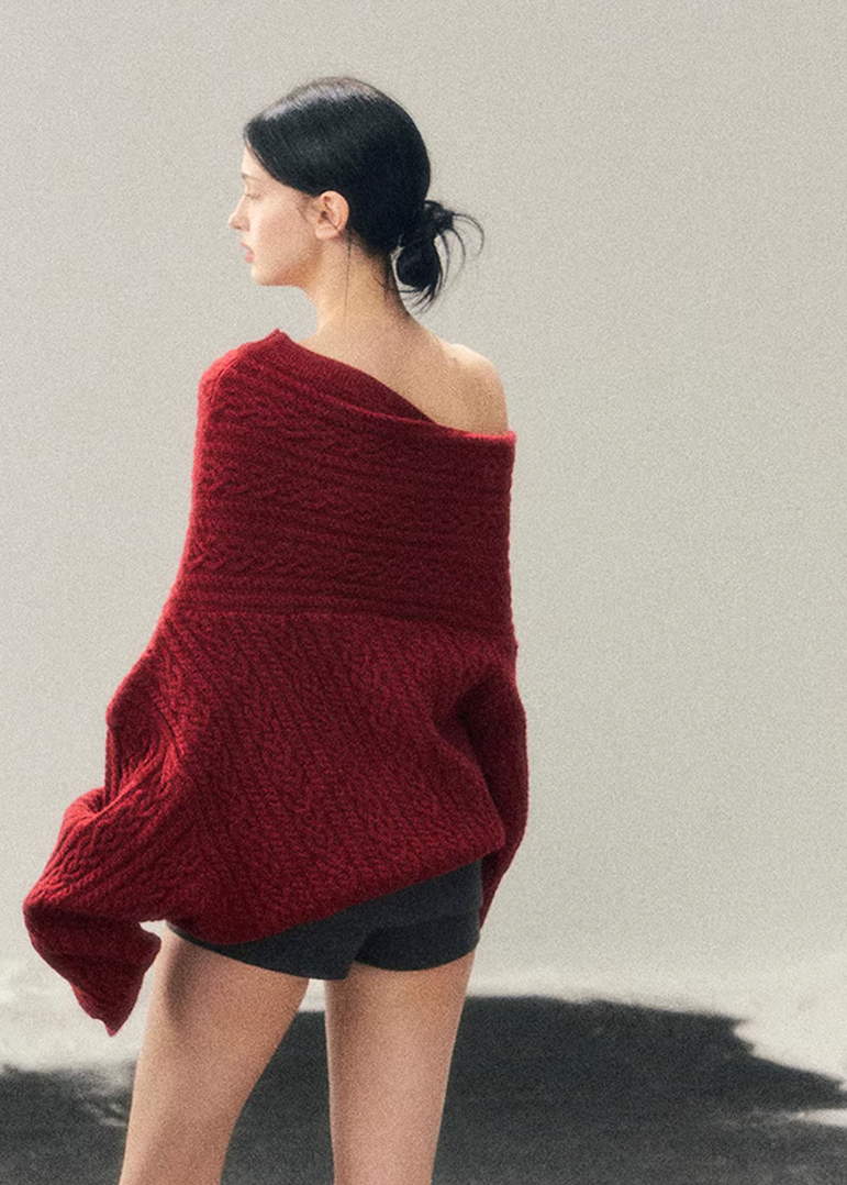 AOMALM knit sweater, off shoulder sweater women, red winter knit top, cable knit sweater women, Korean aesthetic sweater, American campus style knit, cozy winter sweater women, feminine off shoulder top, twist knit sweater, warm winter knit top