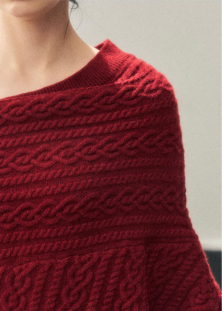 AOMALM knit sweater, off shoulder sweater women, red winter knit top, cable knit sweater women, Korean aesthetic sweater, American campus style knit, cozy winter sweater women, feminine off shoulder top, twist knit sweater, warm winter knit top