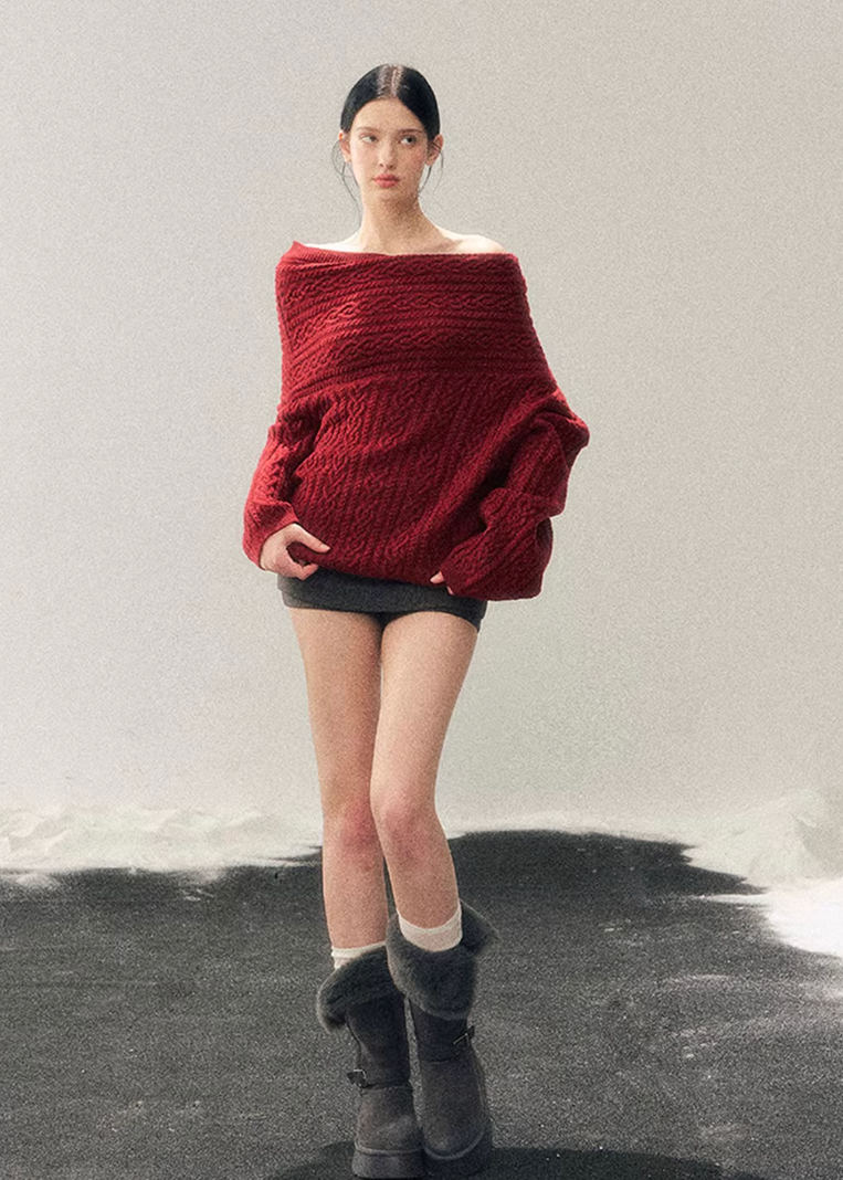 AOMALM knit sweater, off shoulder sweater women, red winter knit top, cable knit sweater women, Korean aesthetic sweater, American campus style knit, cozy winter sweater women, feminine off shoulder top, twist knit sweater, warm winter knit top