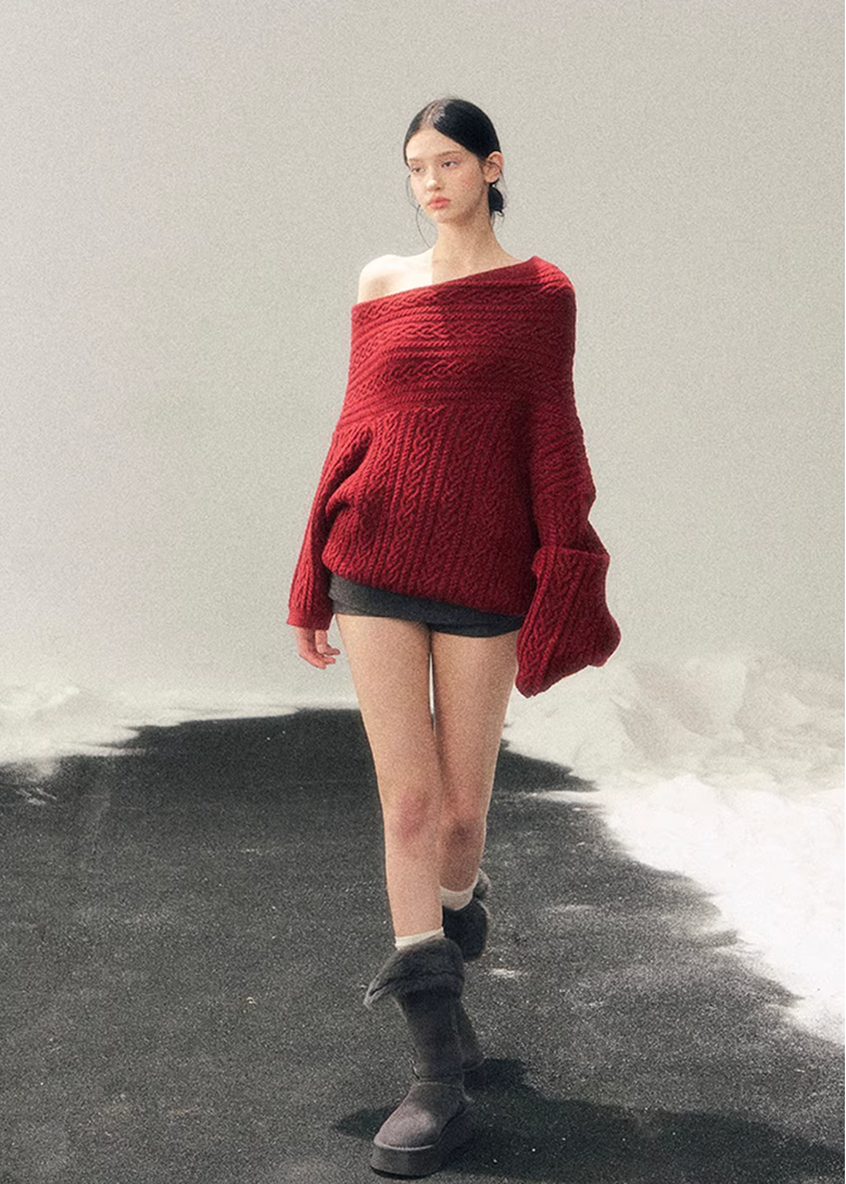 AOMALM knit sweater, off shoulder sweater women, red winter knit top, cable knit sweater women, Korean aesthetic sweater, American campus style knit, cozy winter sweater women, feminine off shoulder top, twist knit sweater, warm winter knit top