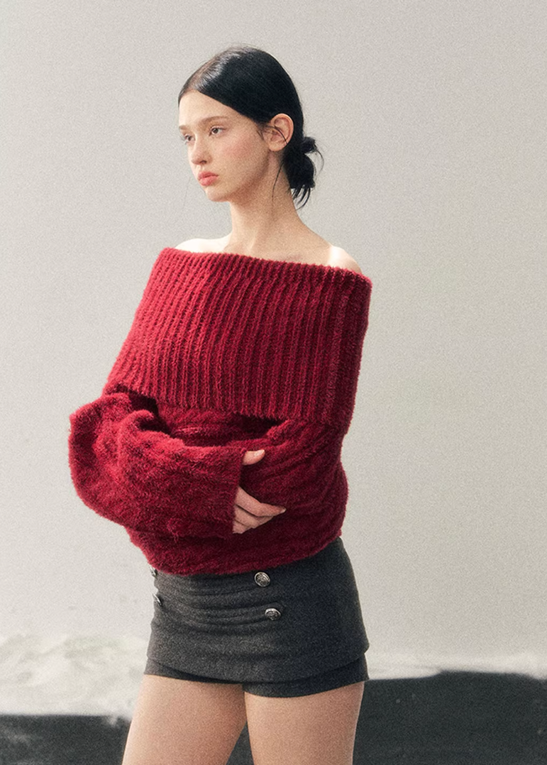 AOMALM sweater, one shoulder knit sweater, red cropped sweater women, twist knit top women, Korean aesthetic knit, American style sweater, winter cropped knit top, feminine off shoulder sweater, cozy winter knit women, stylish winter top