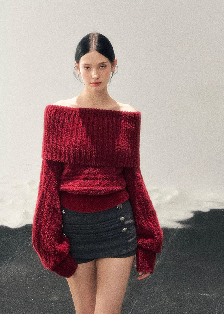 AOMALM sweater, one shoulder knit sweater, red cropped sweater women, twist knit top women, Korean aesthetic knit, American style sweater, winter cropped knit top, feminine off shoulder sweater, cozy winter knit women, stylish winter top