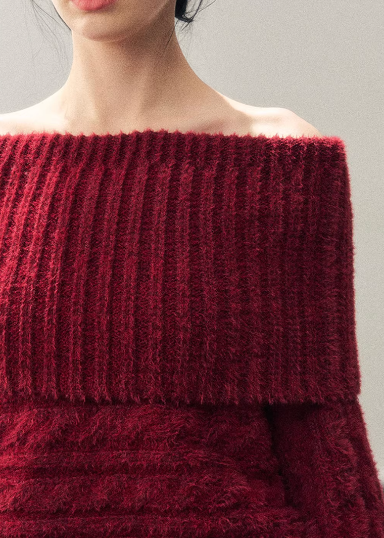 AOMALM sweater, one shoulder knit sweater, red cropped sweater women, twist knit top women, Korean aesthetic knit, American style sweater, winter cropped knit top, feminine off shoulder sweater, cozy winter knit women, stylish winter top