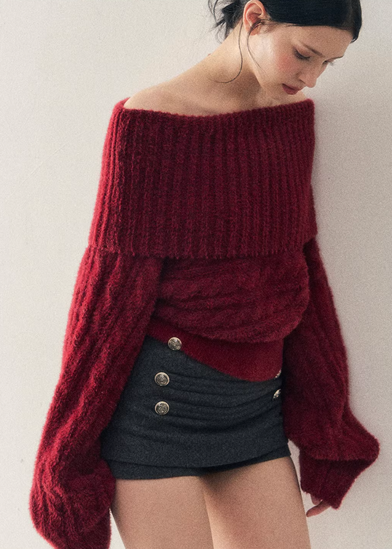 AOMALM sweater, one shoulder knit sweater, red cropped sweater women, twist knit top women, Korean aesthetic knit, American style sweater, winter cropped knit top, feminine off shoulder sweater, cozy winter knit women, stylish winter top