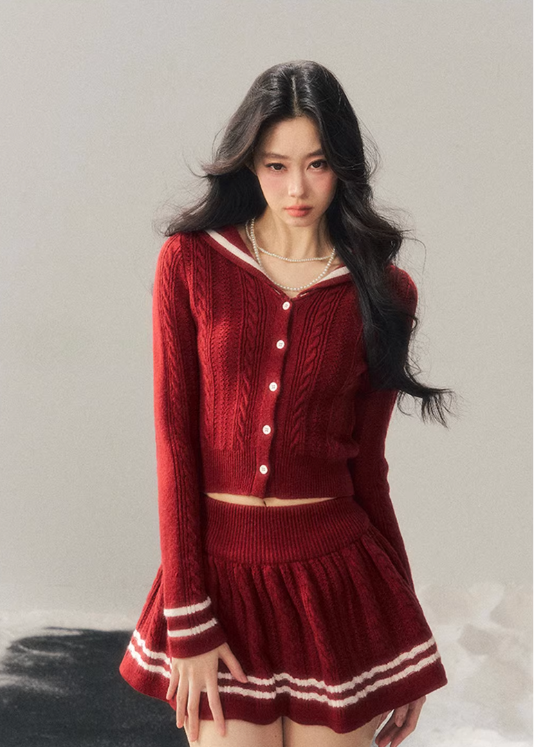AOMALM knit set, red knit two piece set, preppy sweater skirt set, Korean style knit outfit, winter knit set women, feminine preppy outfit, red sweater set women, cozy winter two piece, Korean aesthetic knit set