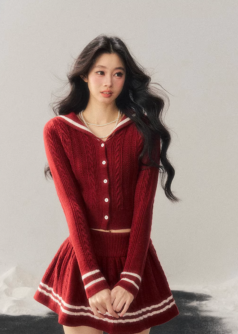 AOMALM knit set, red knit two piece set, preppy sweater skirt set, Korean style knit outfit, winter knit set women, feminine preppy outfit, red sweater set women, cozy winter two piece, Korean aesthetic knit set