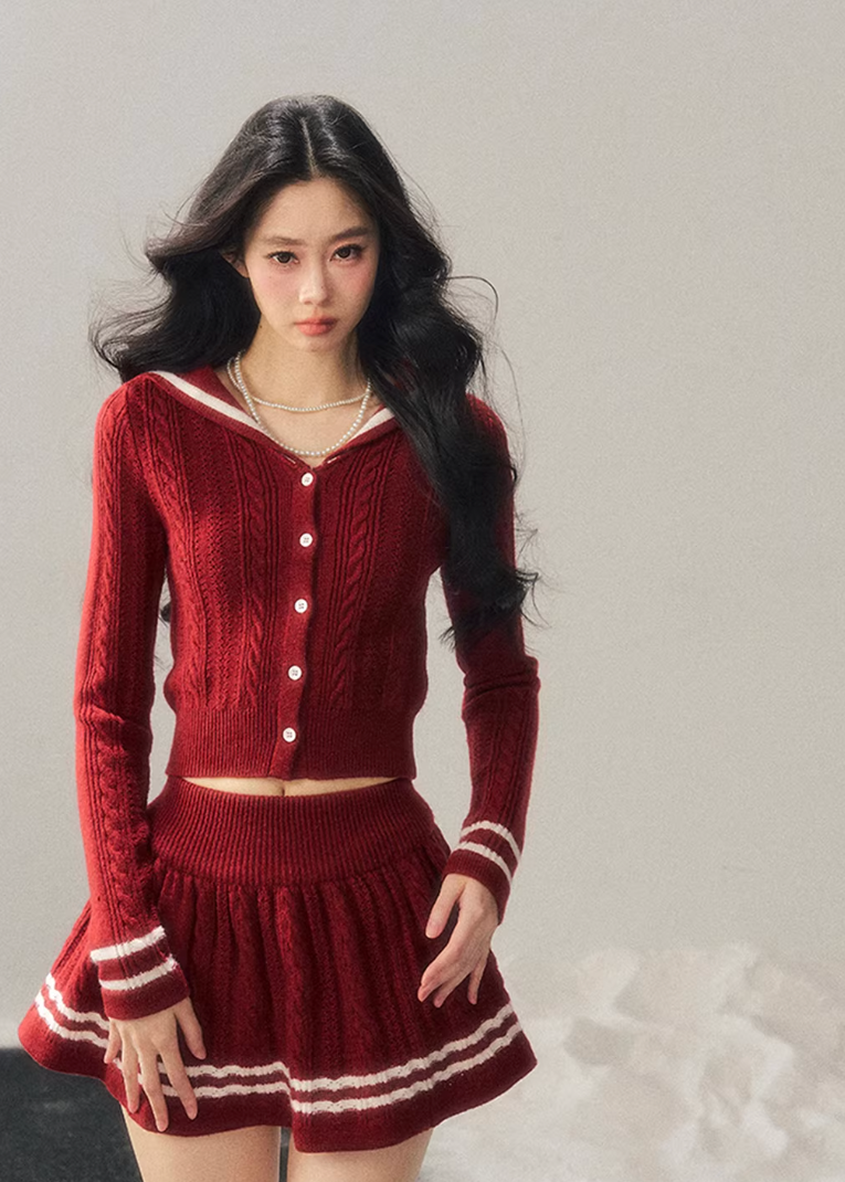 AOMALM knit set, red knit two piece set, preppy sweater skirt set, Korean style knit outfit, winter knit set women, feminine preppy outfit, red sweater set women, cozy winter two piece, Korean aesthetic knit set