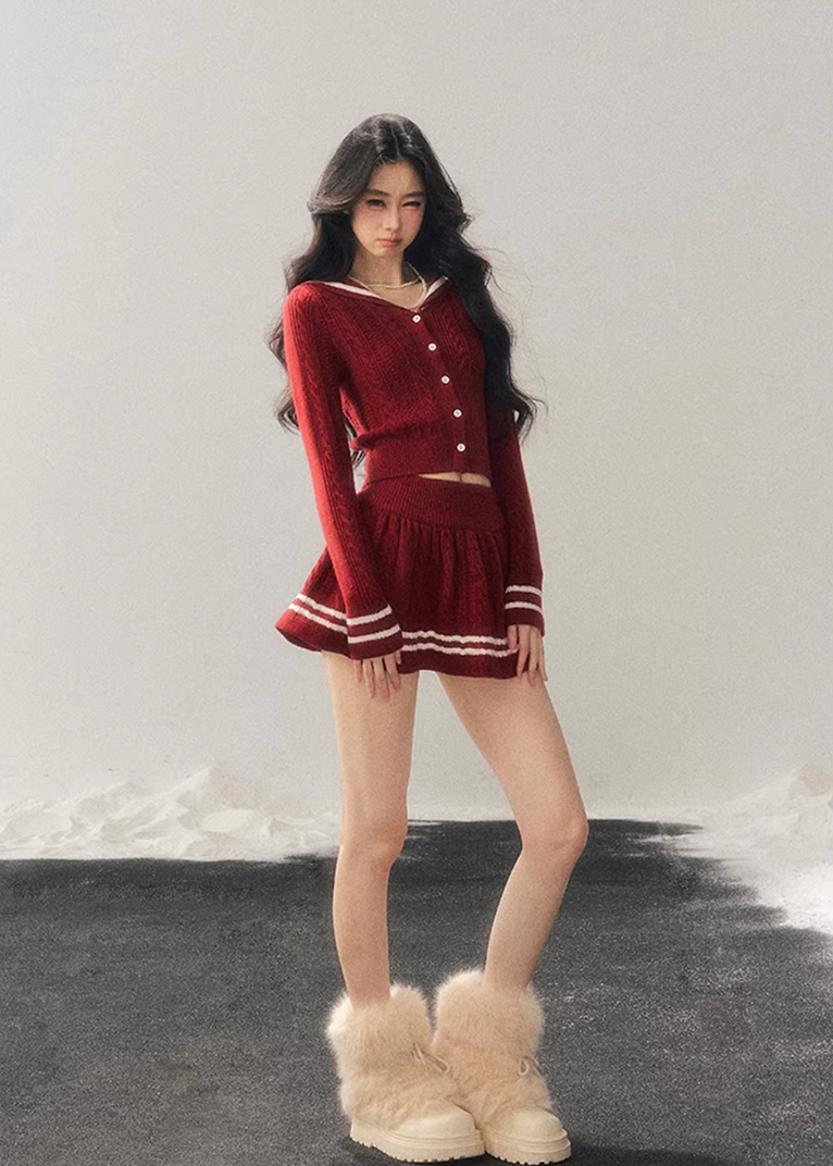 AOMALM knit set, red knit two piece set, preppy sweater skirt set, Korean style knit outfit, winter knit set women, feminine preppy outfit, red sweater set women, cozy winter two piece, Korean aesthetic knit set