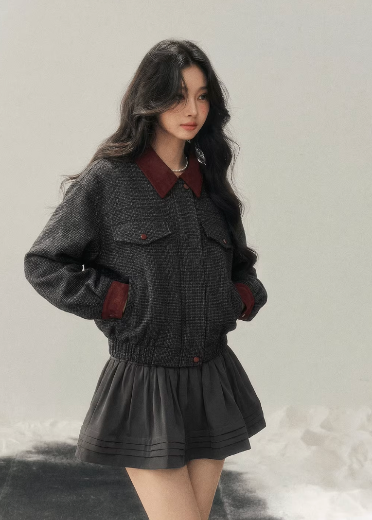 AOMALM wool set, Hepburn style two piece, Korean winter outfit women, wool jacket skirt set, feminine wool suit, brown winter set women, vintage inspired wool outfit, Korean aesthetic winter wear
