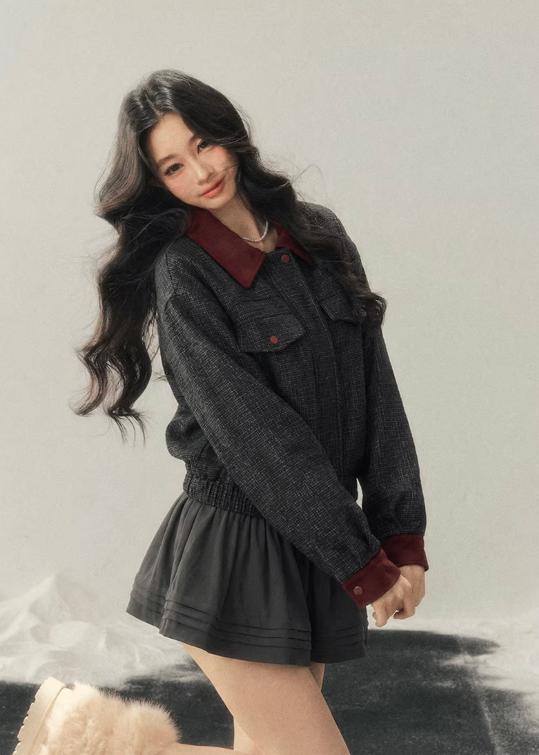 AOMALM wool set, Hepburn style two piece, Korean winter outfit women, wool jacket skirt set, feminine wool suit, brown winter set women, vintage inspired wool outfit, Korean aesthetic winter wear