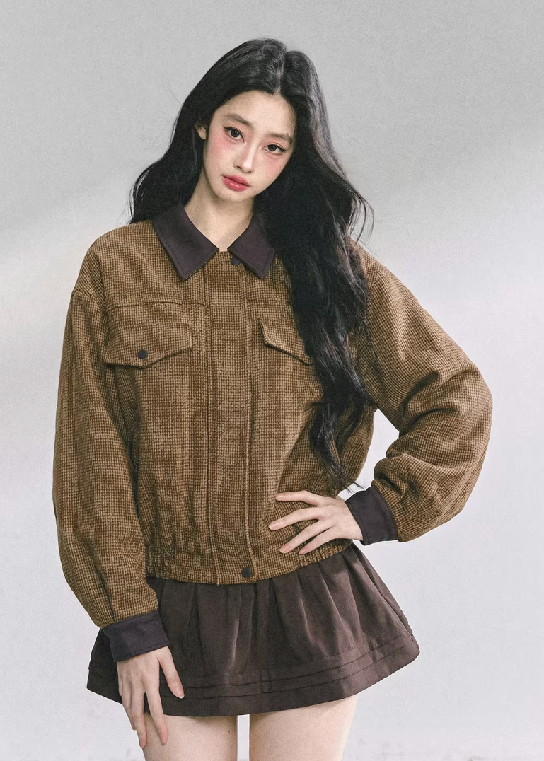 AOMALM wool set, Hepburn style two piece, Korean winter outfit women, wool jacket skirt set, feminine wool suit, brown winter set women, vintage inspired wool outfit, Korean aesthetic winter wear