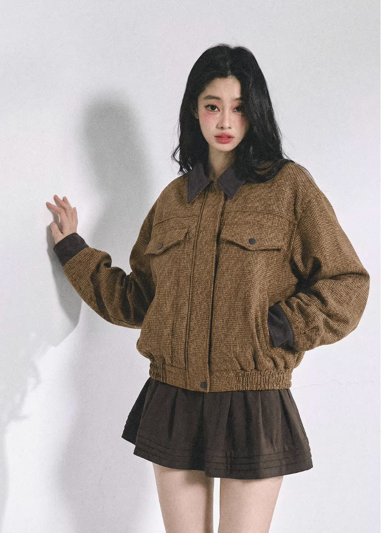 AOMALM wool set, Hepburn style two piece, Korean winter outfit women, wool jacket skirt set, feminine wool suit, brown winter set women, vintage inspired wool outfit, Korean aesthetic winter wear