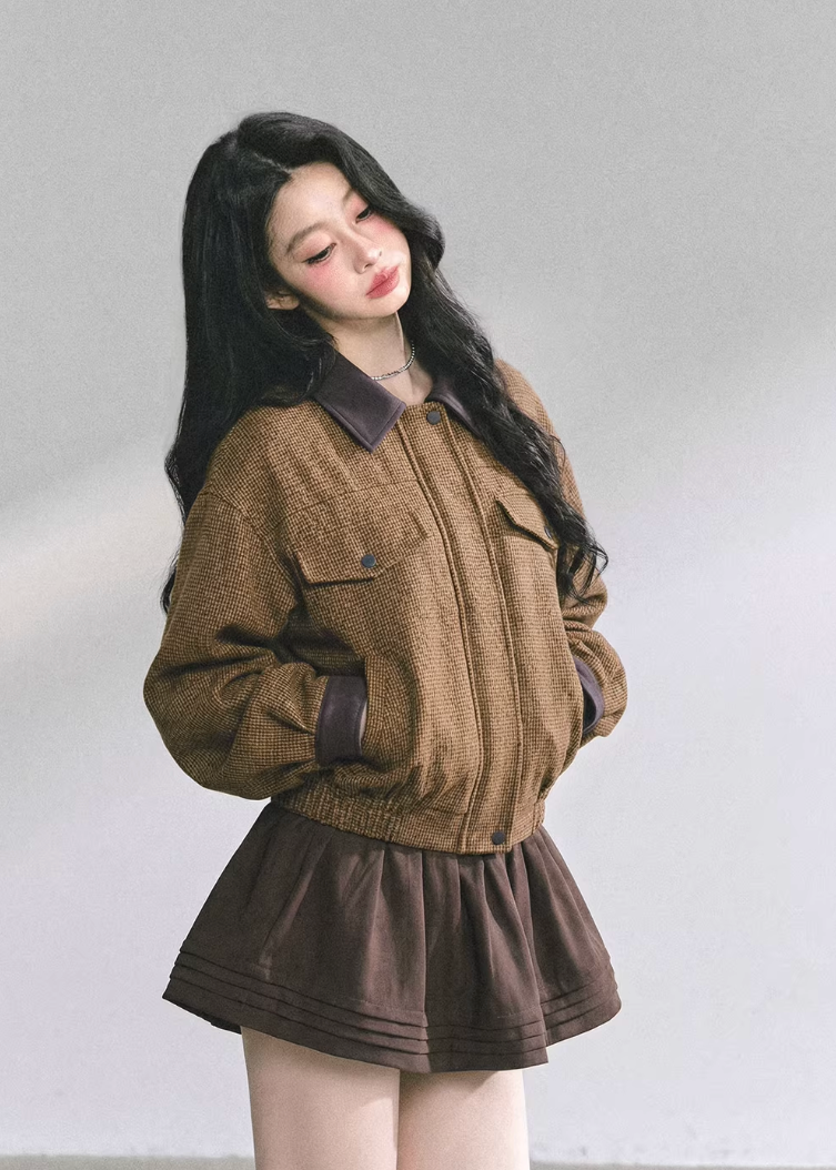 AOMALM wool set, Hepburn style two piece, Korean winter outfit women, wool jacket skirt set, feminine wool suit, brown winter set women, vintage inspired wool outfit, Korean aesthetic winter wear