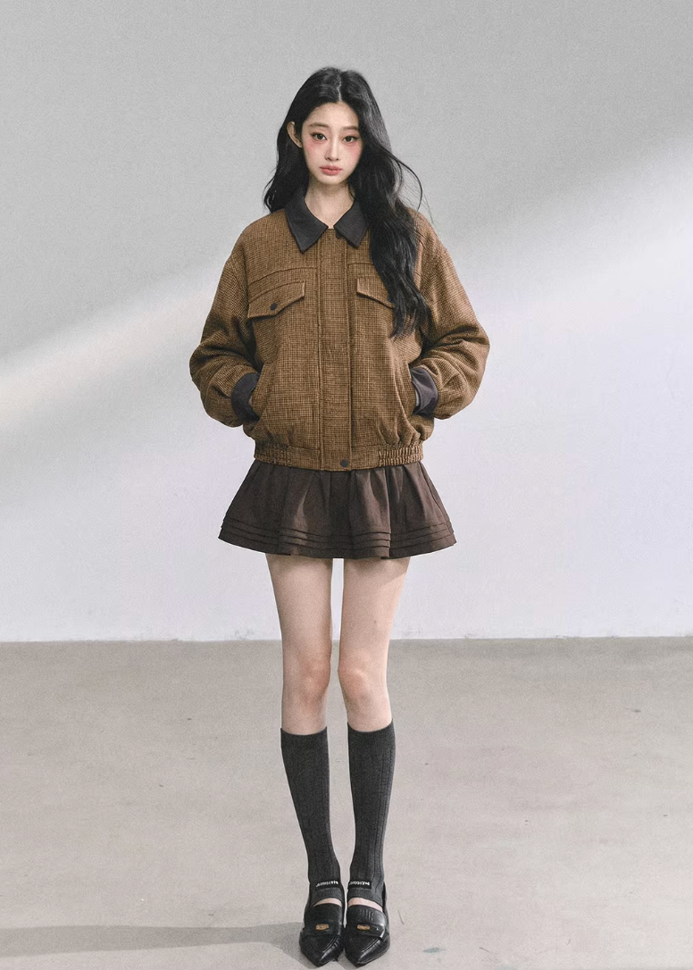 AOMALM wool set, Hepburn style two piece, Korean winter outfit women, wool jacket skirt set, feminine wool suit, brown winter set women, vintage inspired wool outfit, Korean aesthetic winter wear