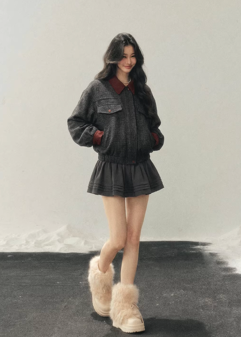 AOMALM wool set, Hepburn style two piece, Korean winter outfit women, wool jacket skirt set, feminine wool suit, brown winter set women, vintage inspired wool outfit, Korean aesthetic winter wear