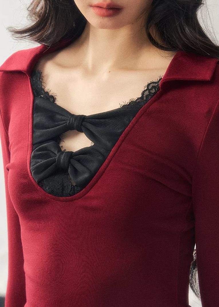 lace bow top, feminine knit top, korean style long sleeve top, slim fit women top, winter lace shirt, sexy knit top women, soft feminine top, korean fashion women, long sleeve knit shirt, elegant lace top, autumn winter women top, bodycon knit top, romantic lace blouse, layered winter top, aesthetic korean outfit, womens fashion knitwear