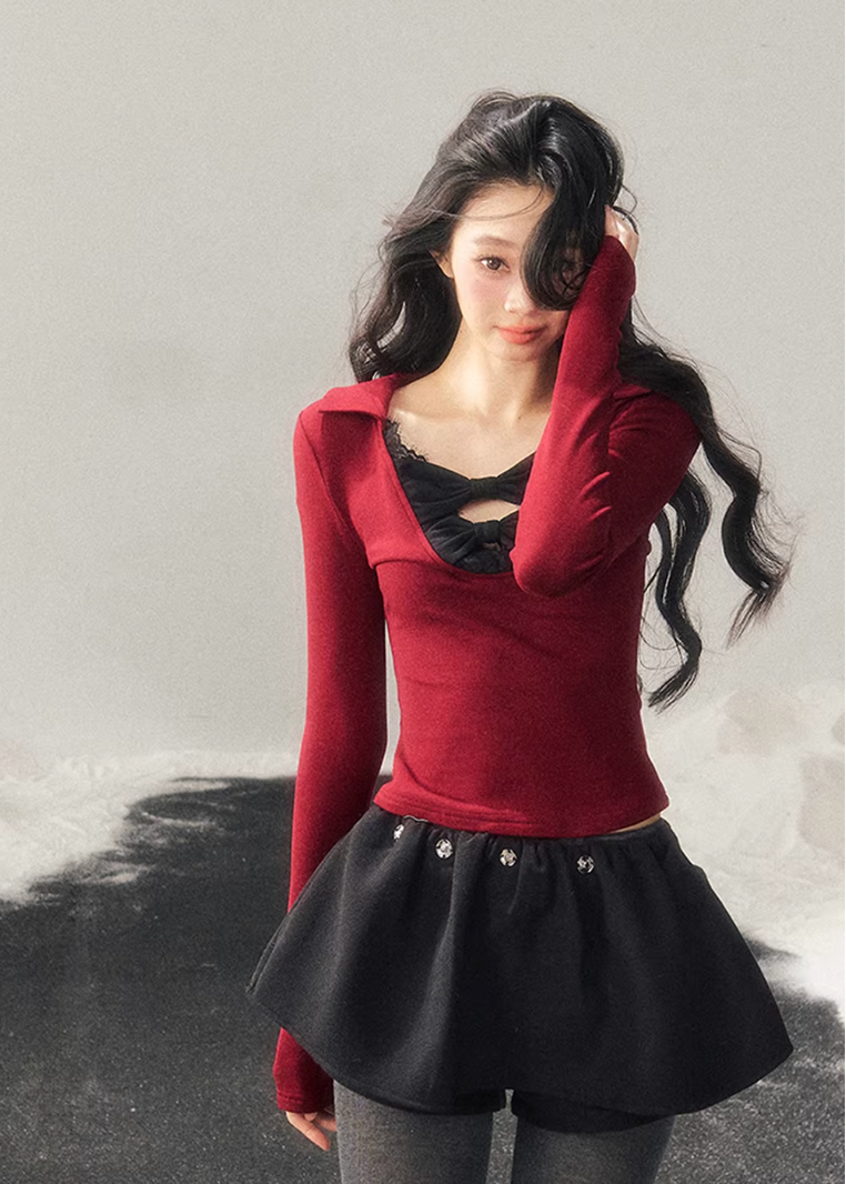 lace bow top, feminine knit top, korean style long sleeve top, slim fit women top, winter lace shirt, sexy knit top women, soft feminine top, korean fashion women, long sleeve knit shirt, elegant lace top, autumn winter women top, bodycon knit top, romantic lace blouse, layered winter top, aesthetic korean outfit, womens fashion knitwear
