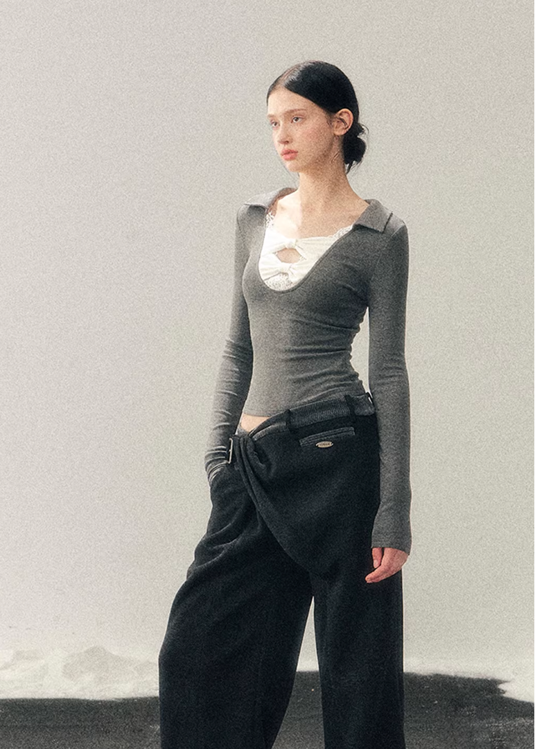 lace bow top, feminine knit top, korean style long sleeve top, slim fit women top, winter lace shirt, sexy knit top women, soft feminine top, korean fashion women, long sleeve knit shirt, elegant lace top, autumn winter women top, bodycon knit top, romantic lace blouse, layered winter top, aesthetic korean outfit, womens fashion knitwear