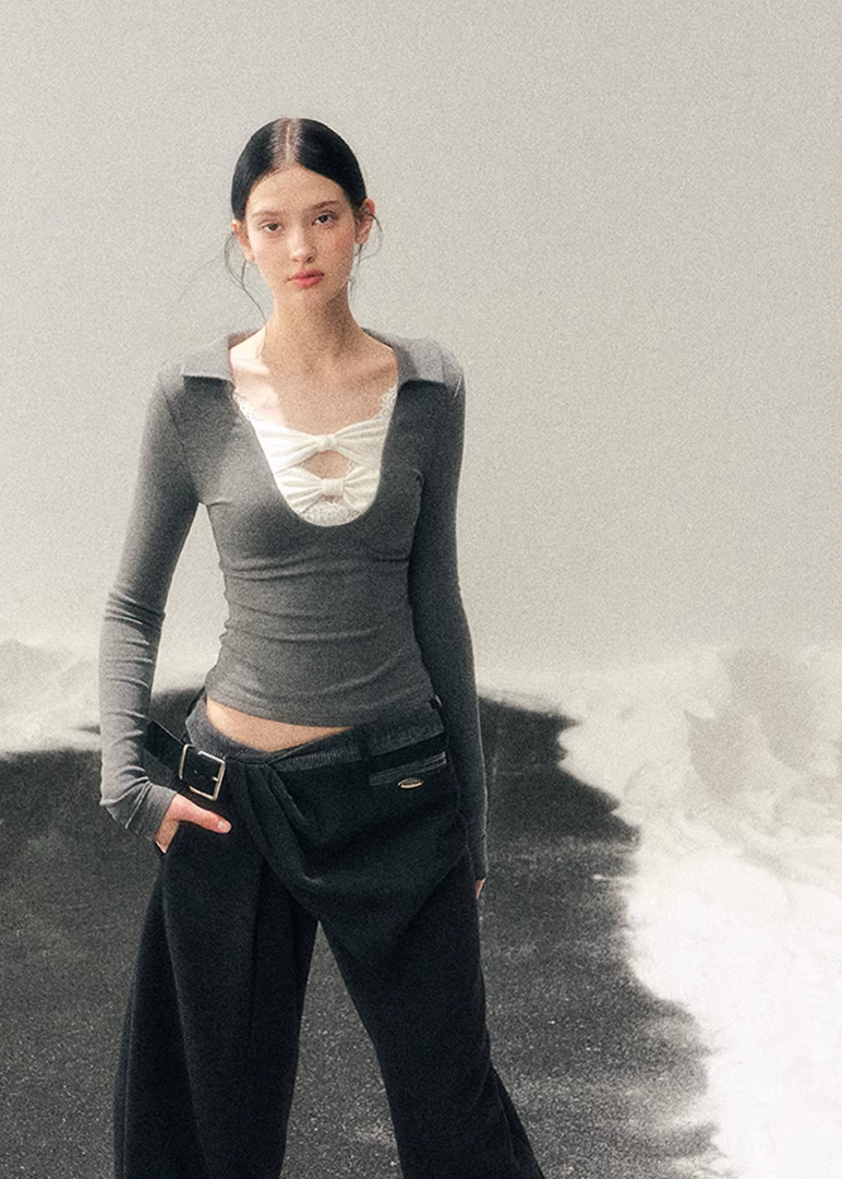 lace bow top, feminine knit top, korean style long sleeve top, slim fit women top, winter lace shirt, sexy knit top women, soft feminine top, korean fashion women, long sleeve knit shirt, elegant lace top, autumn winter women top, bodycon knit top, romantic lace blouse, layered winter top, aesthetic korean outfit, womens fashion knitwear