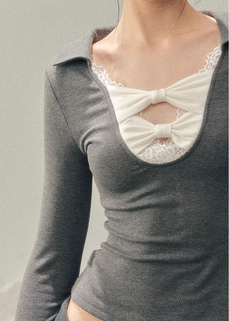 lace bow top, feminine knit top, korean style long sleeve top, slim fit women top, winter lace shirt, sexy knit top women, soft feminine top, korean fashion women, long sleeve knit shirt, elegant lace top, autumn winter women top, bodycon knit top, romantic lace blouse, layered winter top, aesthetic korean outfit, womens fashion knitwear