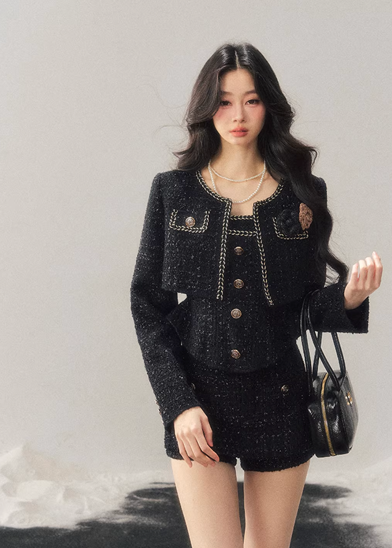 AOMALM, Korean feminine tweed set, winter three piece set women, French chic wool outfit, black tweed jacket skirt set, rich daughter style, elegant winter set, Korean fashion winter, feminine wool tweed, luxury winter outfit women, soft feminine aesthetic, classic black tweed, layered winter styling, boutique Korean brand, refined winter ensemble, slim silhouette winter set