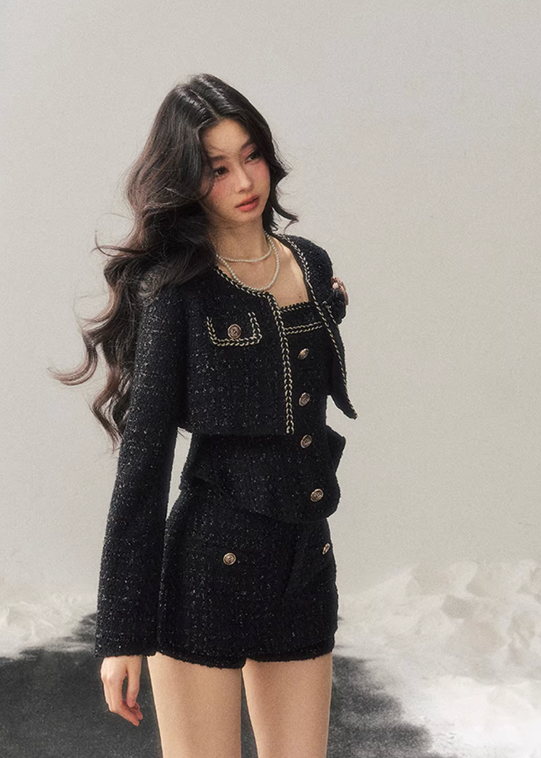 AOMALM, Korean feminine tweed set, winter three piece set women, French chic wool outfit, black tweed jacket skirt set, rich daughter style, elegant winter set, Korean fashion winter, feminine wool tweed, luxury winter outfit women, soft feminine aesthetic, classic black tweed, layered winter styling, boutique Korean brand, refined winter ensemble, slim silhouette winter set