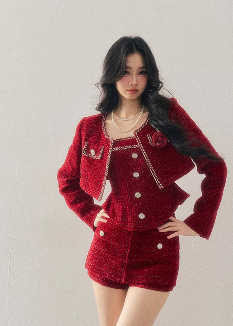 AOMALM, Korean feminine tweed set, winter three piece set women, French chic wool outfit, black tweed jacket skirt set, rich daughter style, elegant winter set, Korean fashion winter, feminine wool tweed, luxury winter outfit women, soft feminine aesthetic, classic black tweed, layered winter styling, boutique Korean brand, refined winter ensemble, slim silhouette winter set