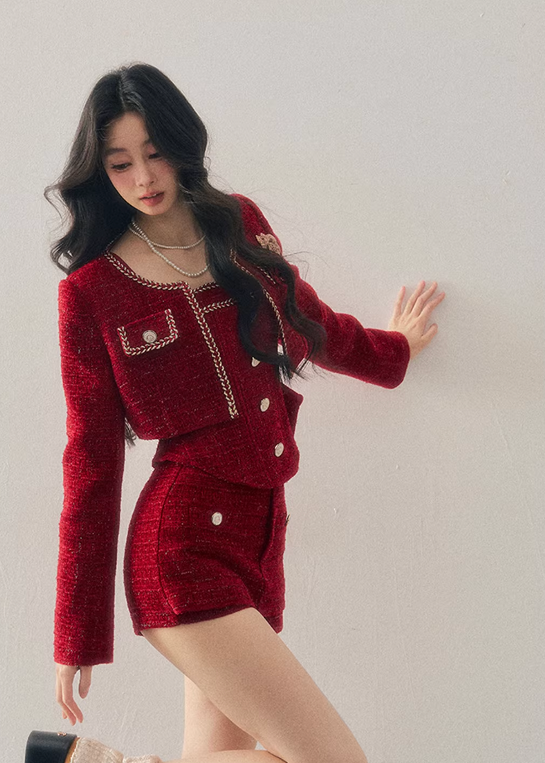 AOMALM, Korean feminine tweed set, winter three piece set women, French chic wool outfit, black tweed jacket skirt set, rich daughter style, elegant winter set, Korean fashion winter, feminine wool tweed, luxury winter outfit women, soft feminine aesthetic, classic black tweed, layered winter styling, boutique Korean brand, refined winter ensemble, slim silhouette winter set