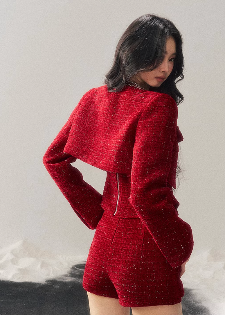 AOMALM, Korean feminine tweed set, winter three piece set women, French chic wool outfit, black tweed jacket skirt set, rich daughter style, elegant winter set, Korean fashion winter, feminine wool tweed, luxury winter outfit women, soft feminine aesthetic, classic black tweed, layered winter styling, boutique Korean brand, refined winter ensemble, slim silhouette winter set