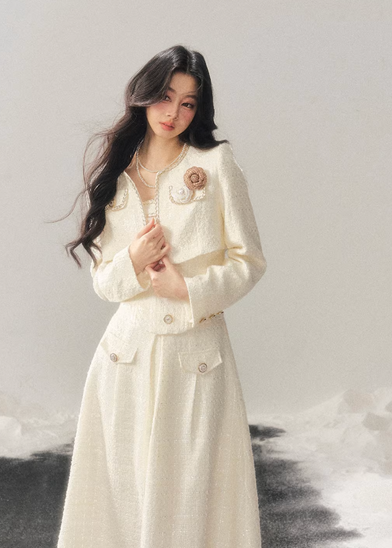 AOMALM, Korean feminine tweed set, winter three piece set women, French chic wool outfit, black tweed jacket skirt set, rich daughter style, elegant winter set, Korean fashion winter, feminine wool tweed, luxury winter outfit women, soft feminine aesthetic, classic black tweed, layered winter styling, boutique Korean brand, refined winter ensemble, slim silhouette winter set