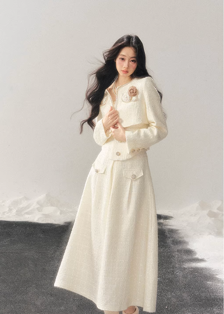 AOMALM, Korean feminine tweed set, winter three piece set women, French chic wool outfit, black tweed jacket skirt set, rich daughter style, elegant winter set, Korean fashion winter, feminine wool tweed, luxury winter outfit women, soft feminine aesthetic, classic black tweed, layered winter styling, boutique Korean brand, refined winter ensemble, slim silhouette winter set