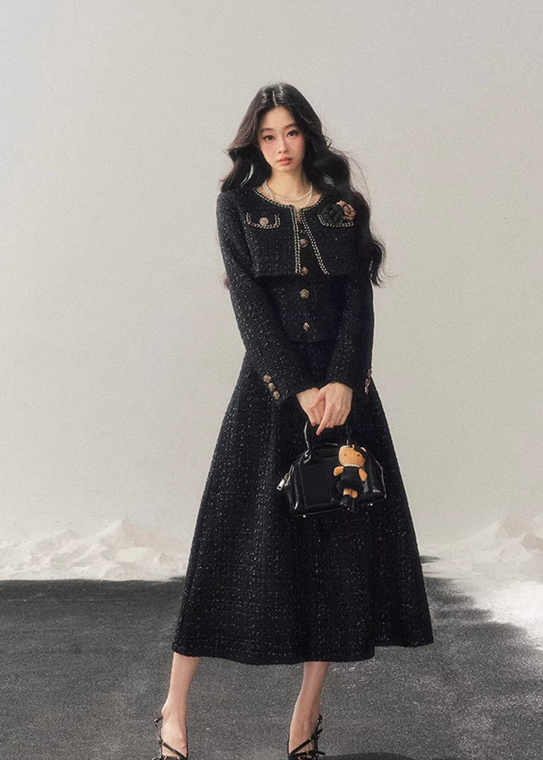 AOMALM, Korean feminine tweed set, winter three piece set women, French chic wool outfit, black tweed jacket skirt set, rich daughter style, elegant winter set, Korean fashion winter, feminine wool tweed, luxury winter outfit women, soft feminine aesthetic, classic black tweed, layered winter styling, boutique Korean brand, refined winter ensemble, slim silhouette winter set