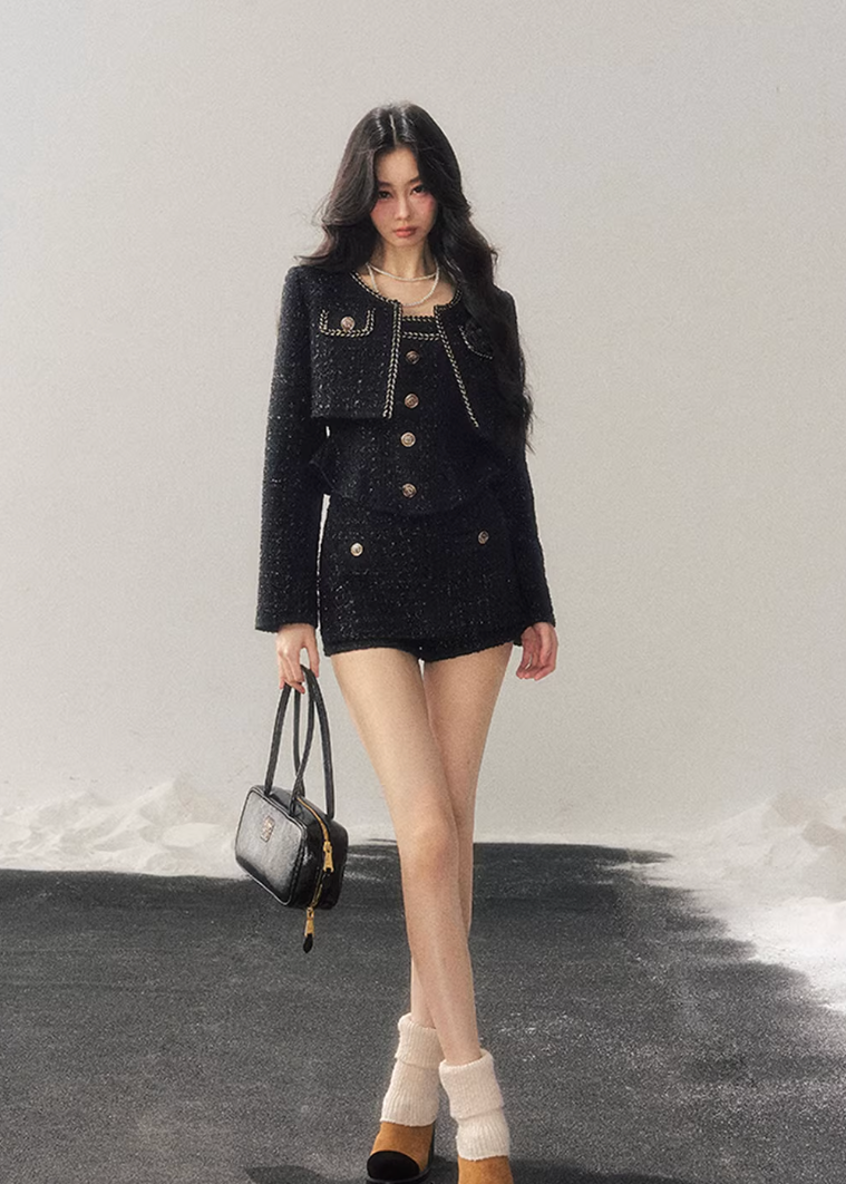 AOMALM, Korean feminine tweed set, winter three piece set women, French chic wool outfit, black tweed jacket skirt set, rich daughter style, elegant winter set, Korean fashion winter, feminine wool tweed, luxury winter outfit women, soft feminine aesthetic, classic black tweed, layered winter styling, boutique Korean brand, refined winter ensemble, slim silhouette winter set