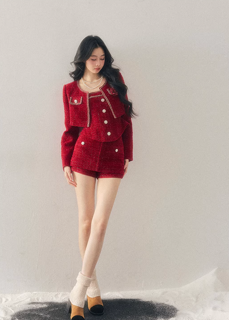 AOMALM, Korean feminine tweed set, winter three piece set women, French chic wool outfit, black tweed jacket skirt set, rich daughter style, elegant winter set, Korean fashion winter, feminine wool tweed, luxury winter outfit women, soft feminine aesthetic, classic black tweed, layered winter styling, boutique Korean brand, refined winter ensemble, slim silhouette winter set