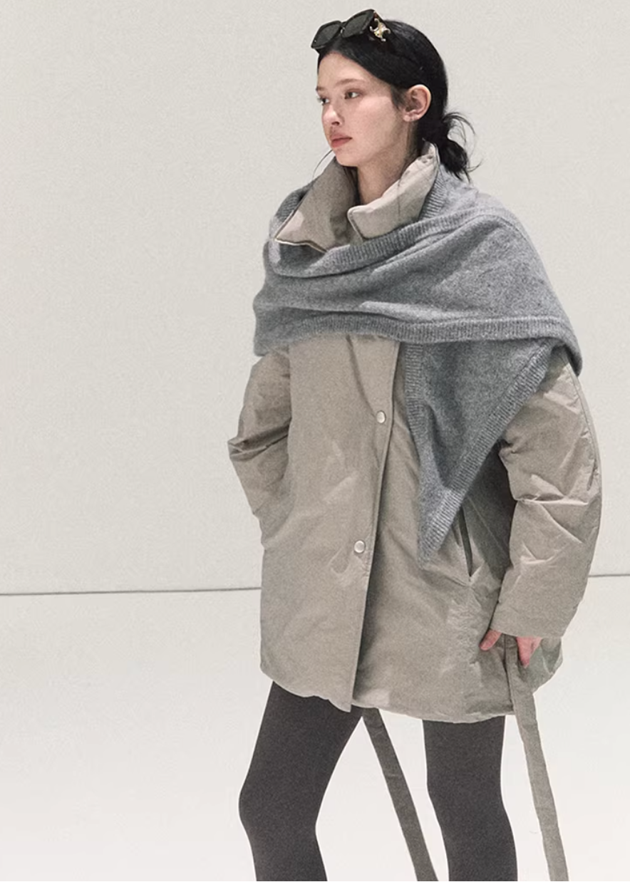 OAKMOO down jacket, Korean down coat, white goose down jacket, multi wear down jacket, scarf down jacket, minimalist winter coat, Korean fashion outerwear, lightweight down jacket women, premium down winter jacket, modern Korean style coat, warm winter outerwear, neutral tone down jacket, layered winter fashion, elegant winter jacket, oversized Korean coat, daily winter jacket women