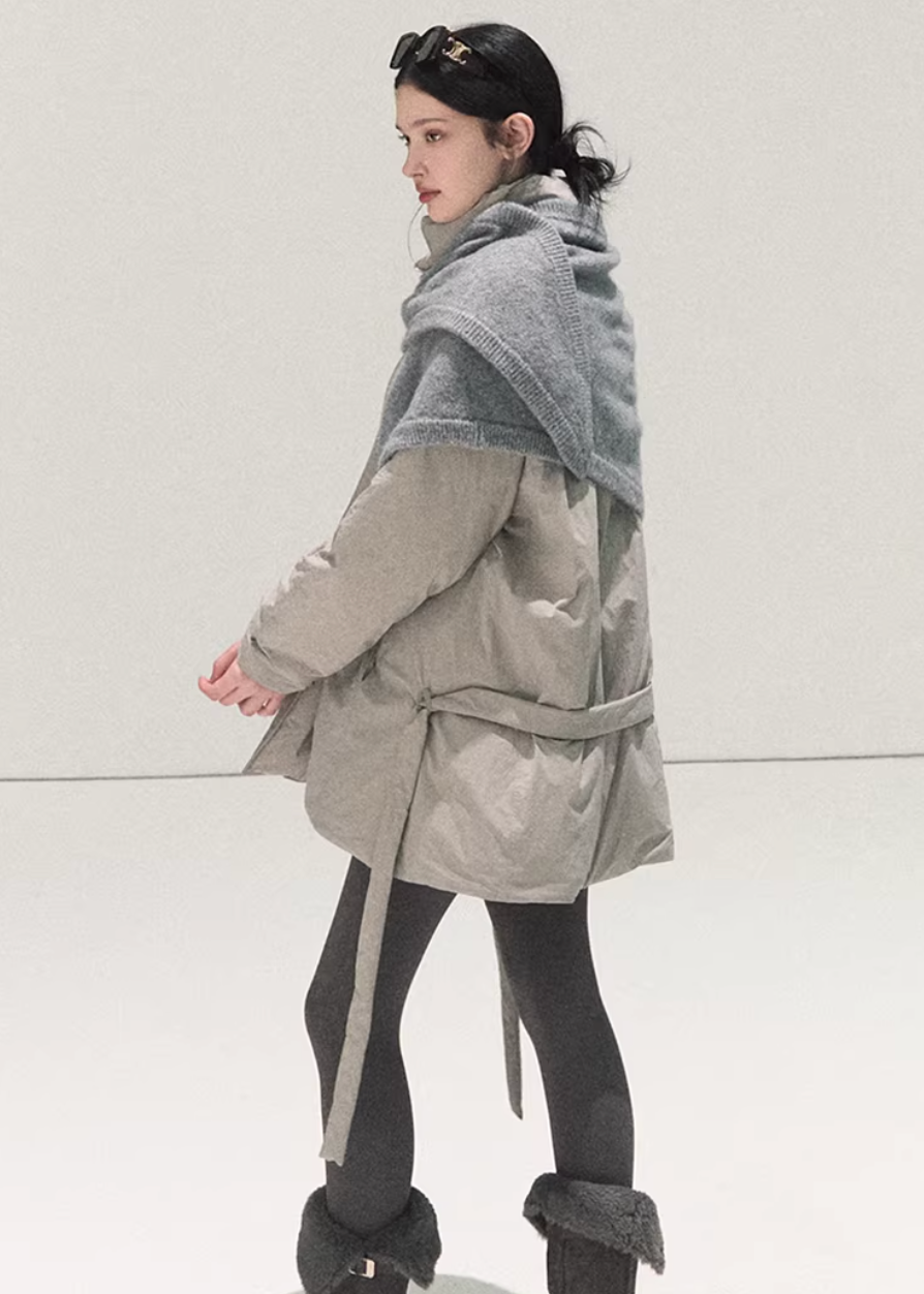 OAKMOO down jacket, Korean down coat, white goose down jacket, multi wear down jacket, scarf down jacket, minimalist winter coat, Korean fashion outerwear, lightweight down jacket women, premium down winter jacket, modern Korean style coat, warm winter outerwear, neutral tone down jacket, layered winter fashion, elegant winter jacket, oversized Korean coat, daily winter jacket women