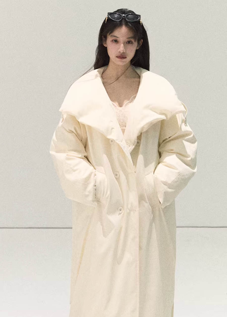 OAKMOO down jacket, white duck down coat, Korean long down jacket, oversized winter coat women, quilted down jacket, minimal Korean outerwear, warm winter parka women, long white down coat, luxury down jacket women, lightweight winter coat, modern Korean fashion coat, winter street style jacket, premium down outerwear, loose fit down jacket, elegant winter coat