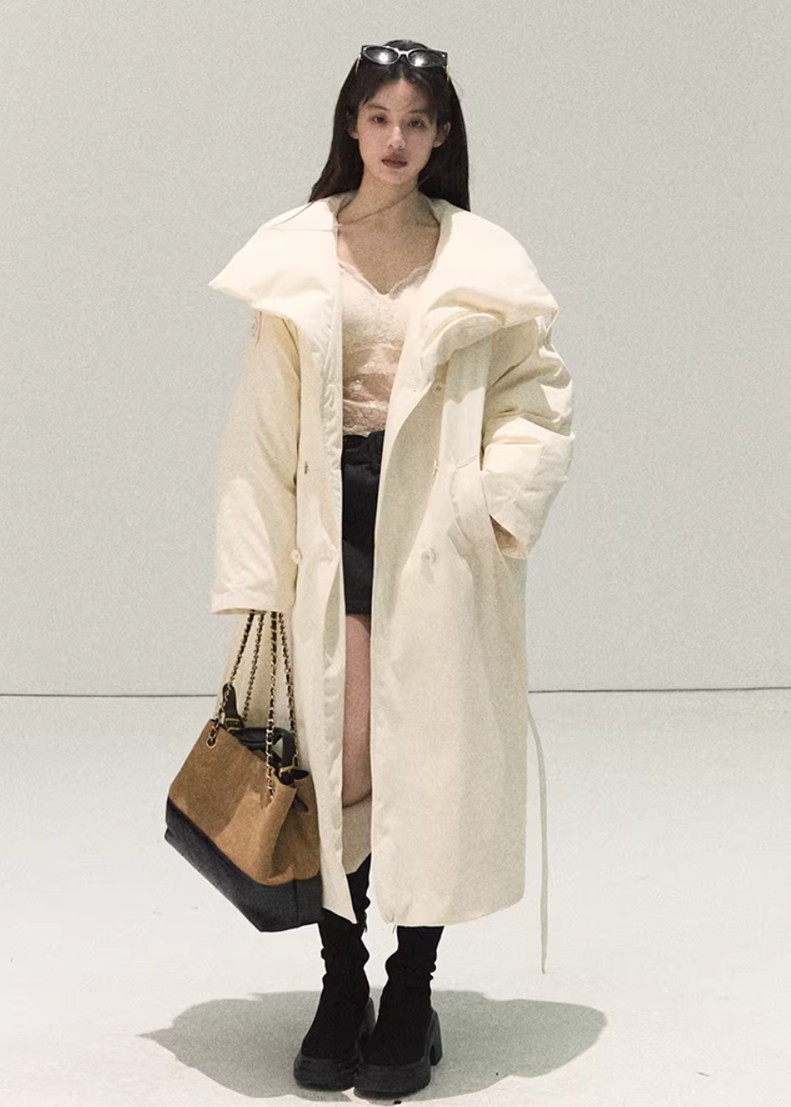 OAKMOO down jacket, white duck down coat, Korean long down jacket, oversized winter coat women, quilted down jacket, minimal Korean outerwear, warm winter parka women, long white down coat, luxury down jacket women, lightweight winter coat, modern Korean fashion coat, winter street style jacket, premium down outerwear, loose fit down jacket, elegant winter coat