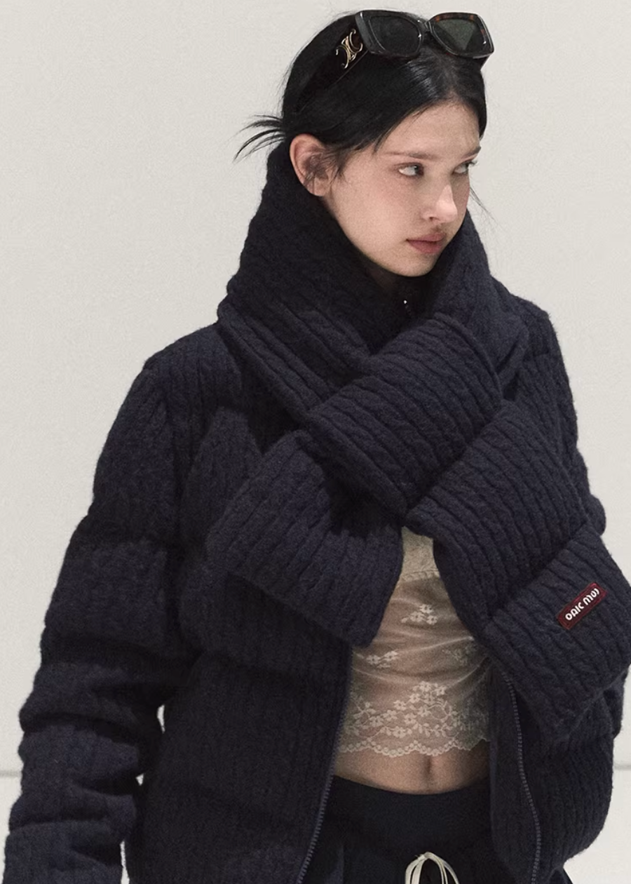 OAKMOO down jacket, white goose down jacket, cable knit down coat, Korean winter jacket women, contrast embroidery jacket, premium down outerwear, cozy winter puffer women, stylish Korean down jacket, holiday winter jacket women, high collar down coat, luxury goose down jacket, modern Korean fashion outerwear, warm lightweight down jacket, winter statement coat, designer down jacket women