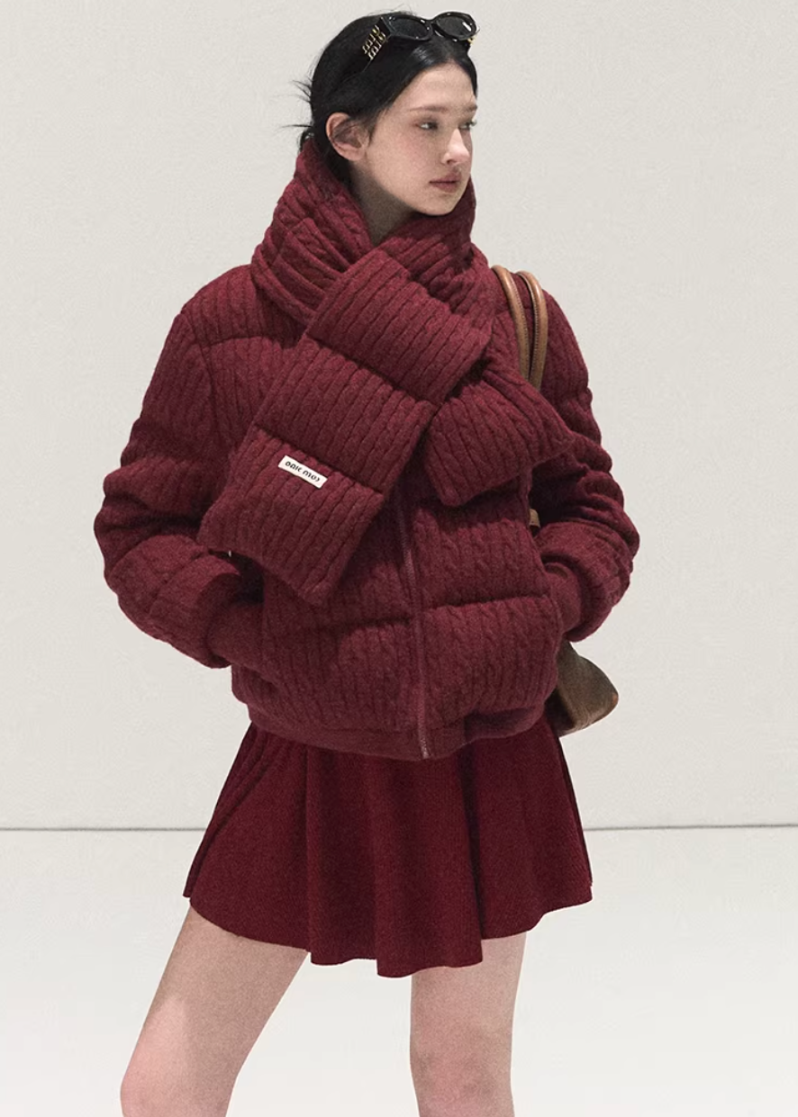 OAKMOO down jacket, white goose down jacket, cable knit down coat, Korean winter jacket women, contrast embroidery jacket, premium down outerwear, cozy winter puffer women, stylish Korean down jacket, holiday winter jacket women, high collar down coat, luxury goose down jacket, modern Korean fashion outerwear, warm lightweight down jacket, winter statement coat, designer down jacket women